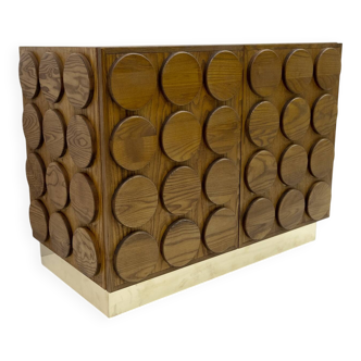 Brutalist Italian Chestnut Wood and Brass Bar Cabinet, 1970s