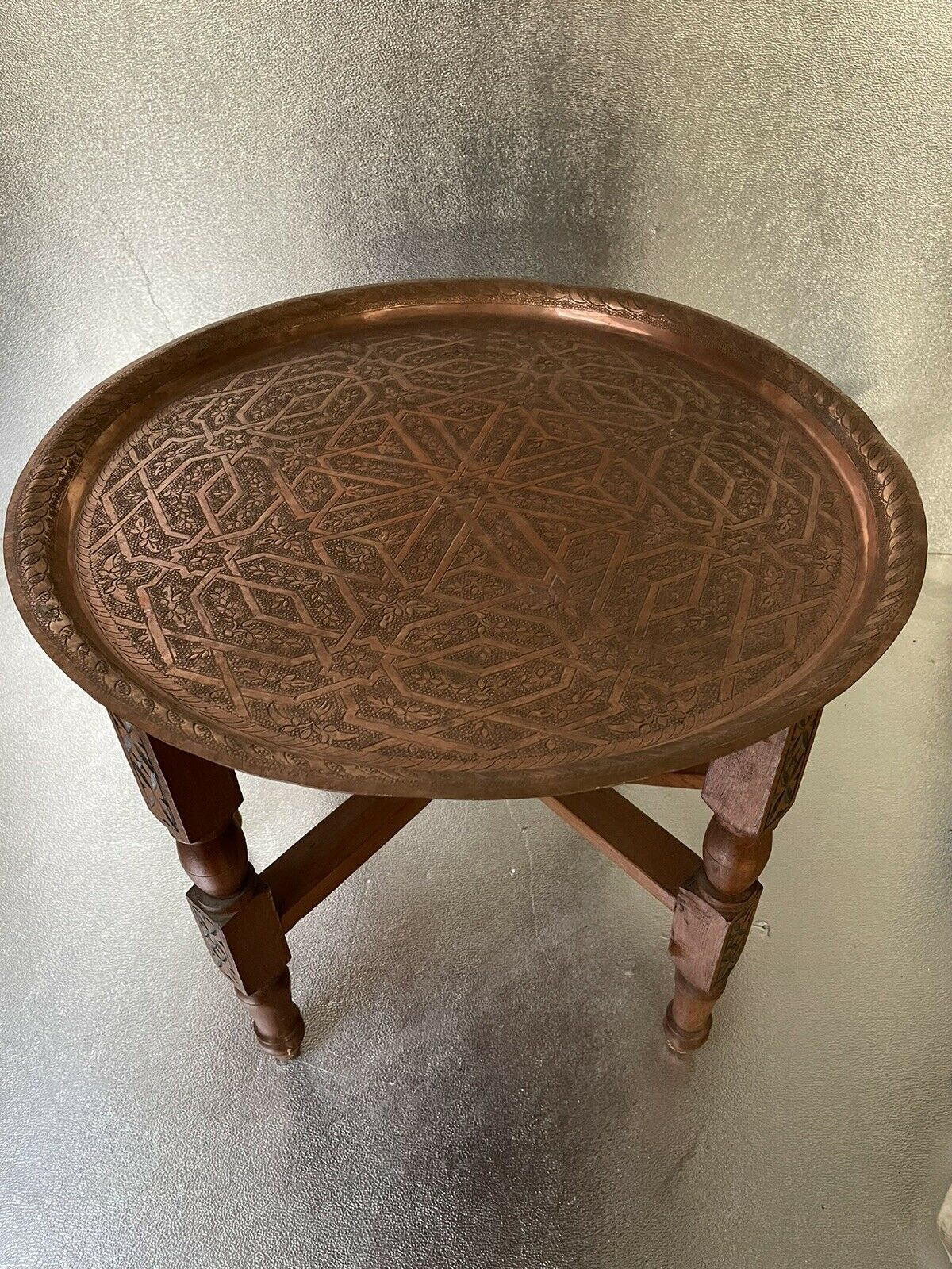Oriental tea table, moroccan, copper top, engraved wood base, ethnic