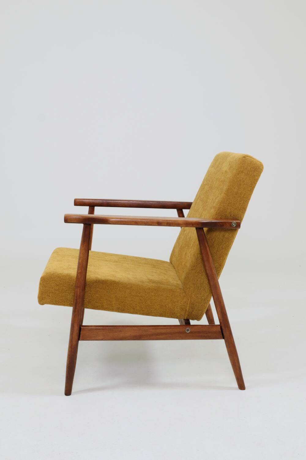 Vintage armchair model, golden yellow fabric, fully refurbished