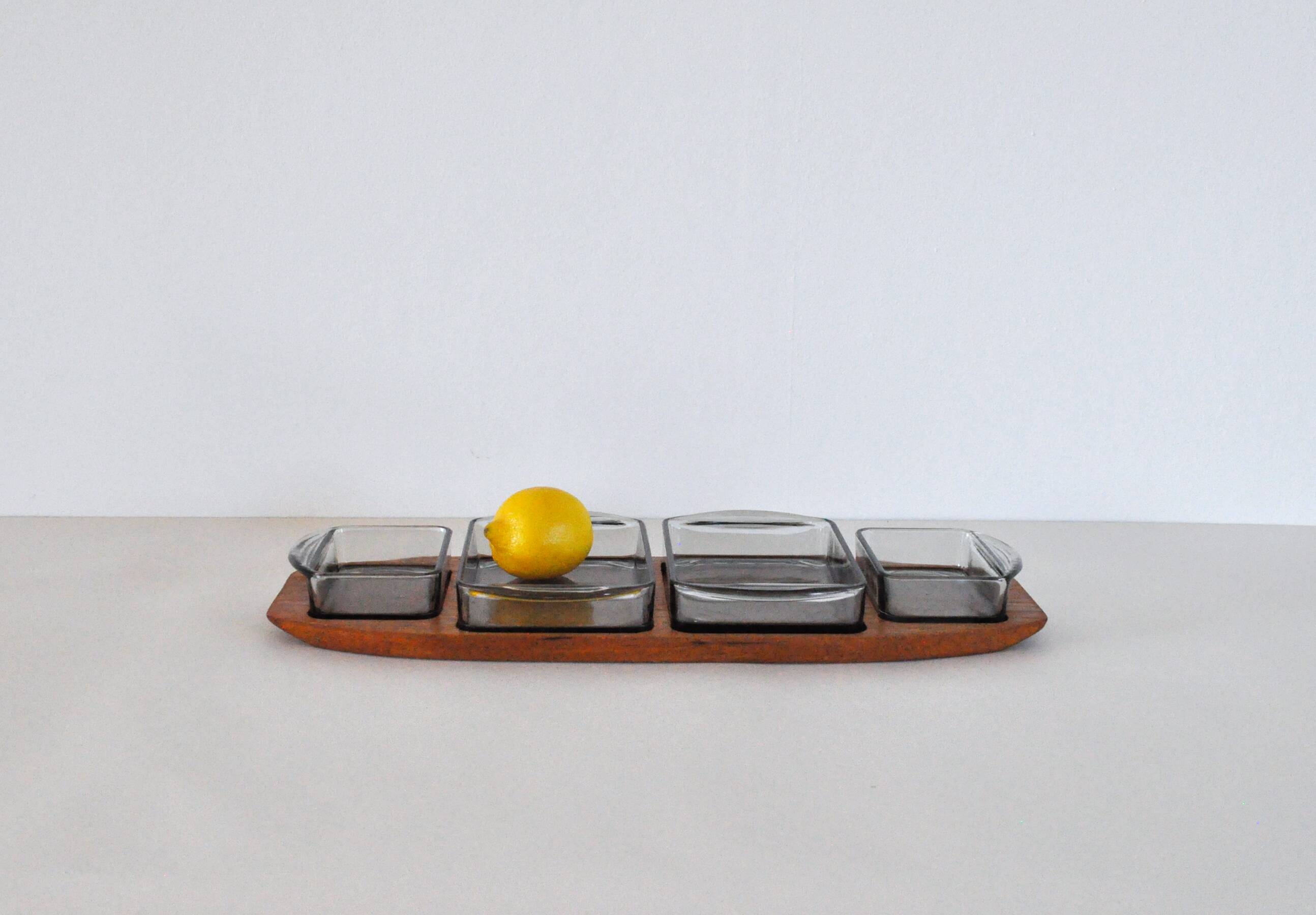 Danish Modern Teak Serving Tray with Glass Bowls, Denmark, 1960s