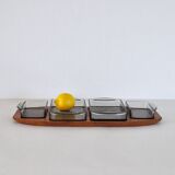 Danish Modern Teak Serving Tray with Glass Bowls, Denmark, 1960s