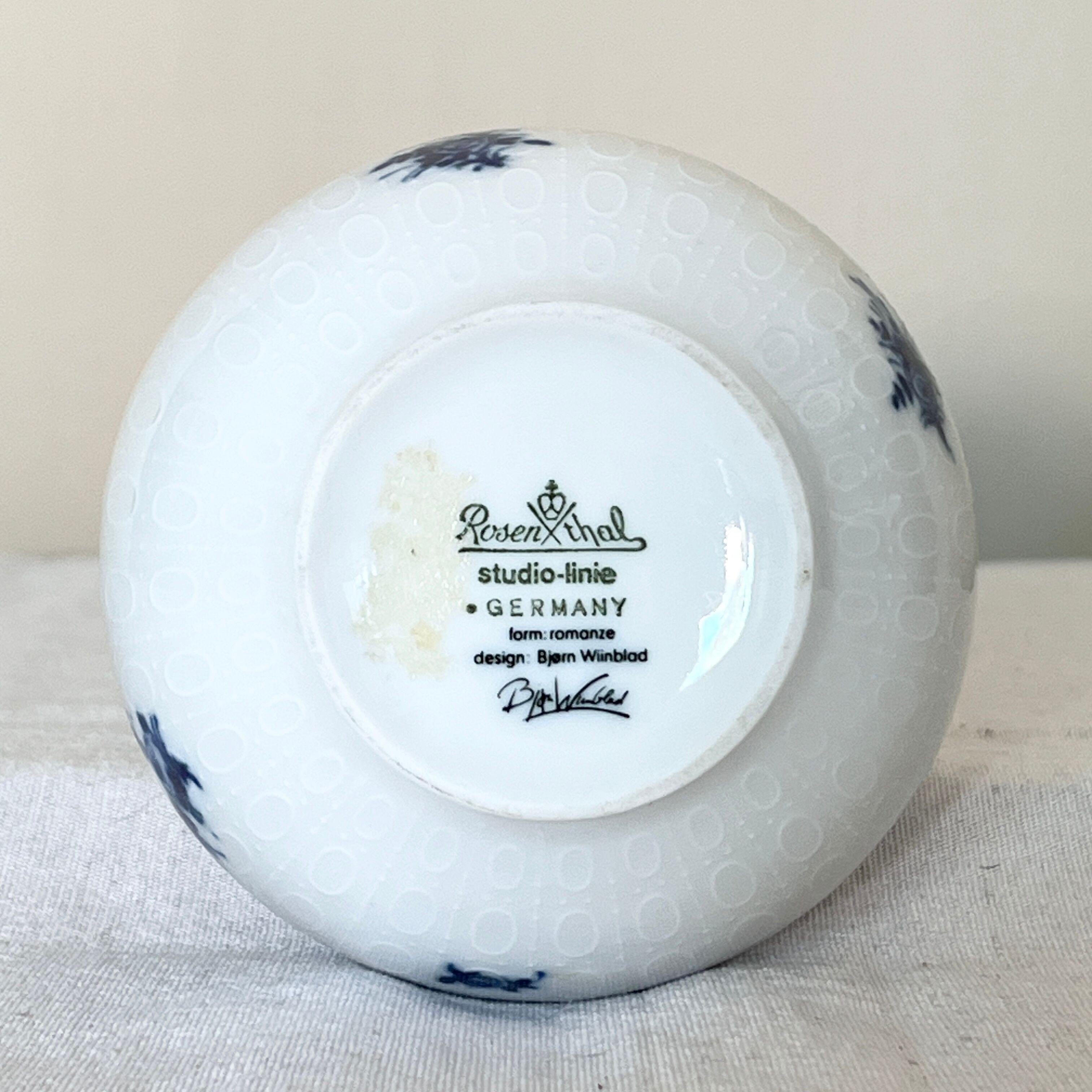 Rosenthal studio line, white and blue mid century porcelain vase, flowers decor by bjorn wiinblad,