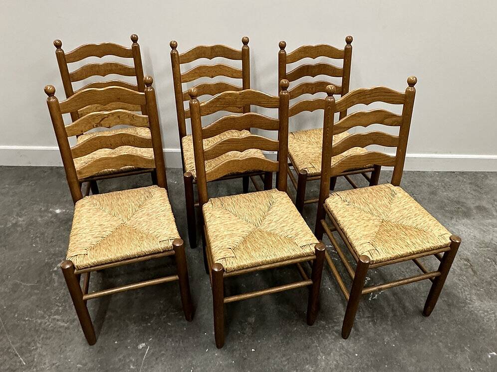 Set of 6 French Provence oak farmhouse country dining chairs with rush seating
