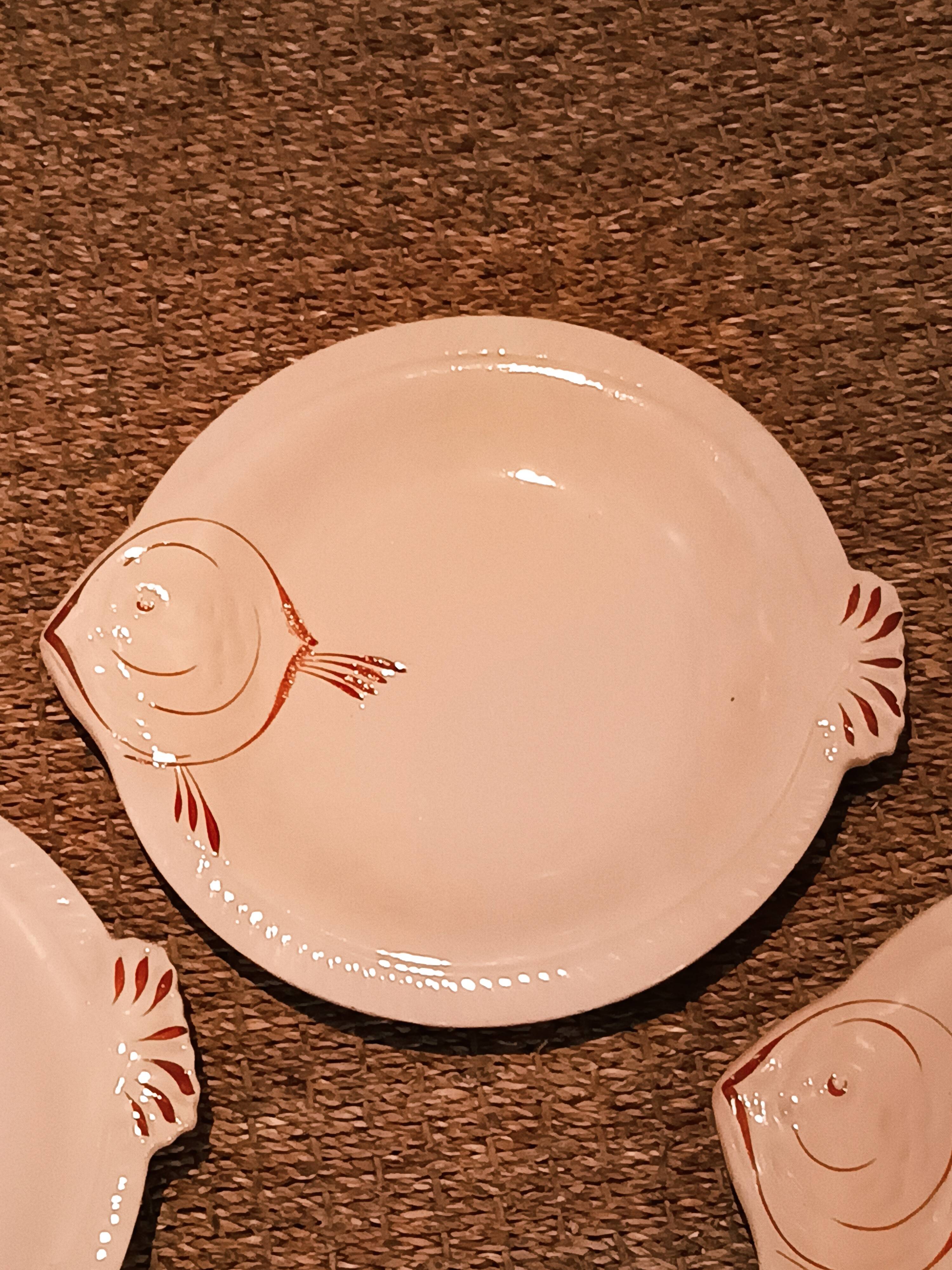 Set of 8 Longwy earthenware fish plates in powder pink