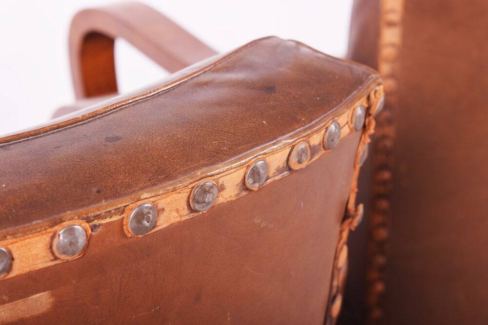 Vintage Art Deco Lounge Set in Walnut and Leather, 1930s, Set of 3