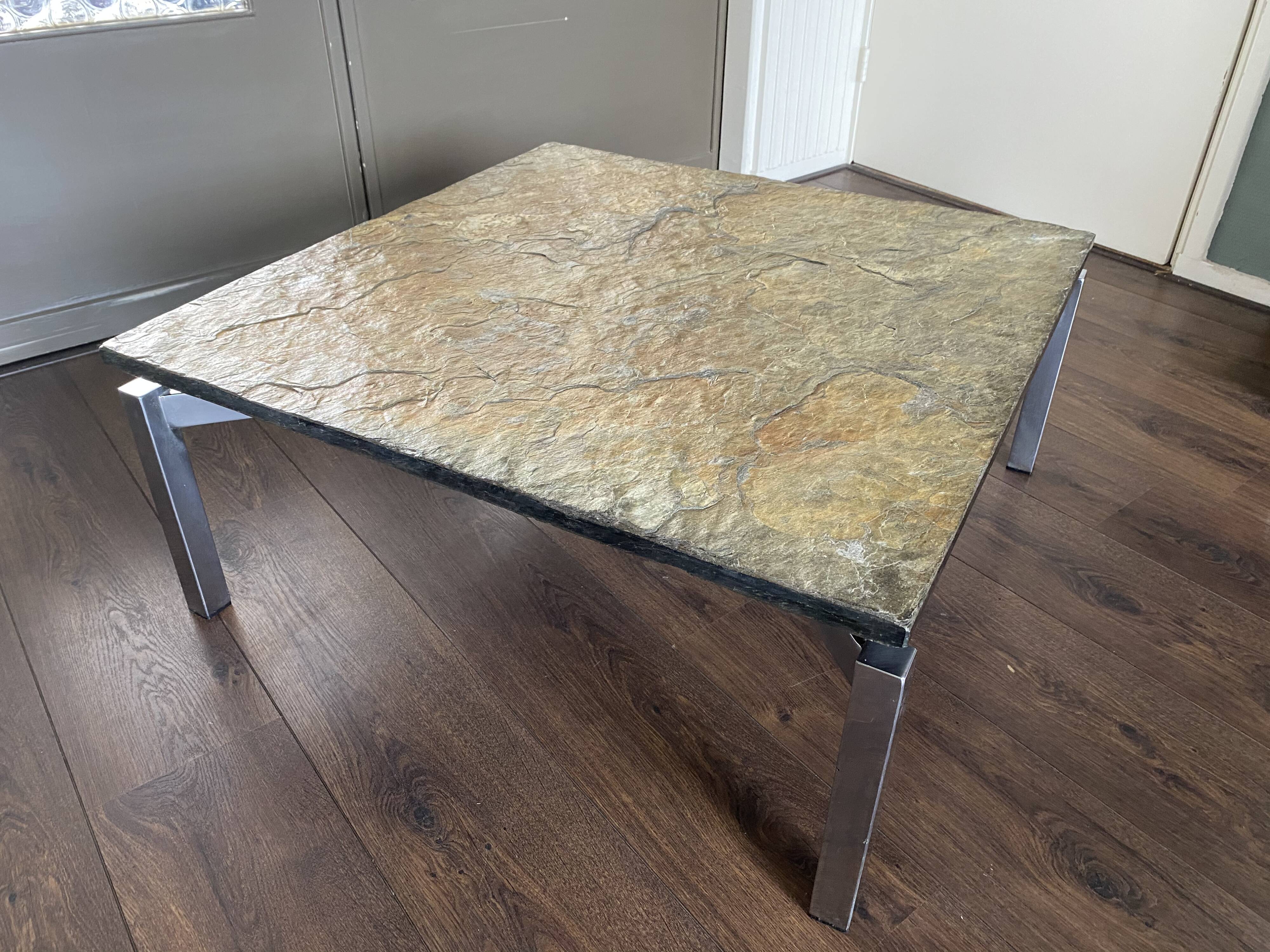 Vintage, Modernist Mid Century steel and slate stone coffee table, 1950s