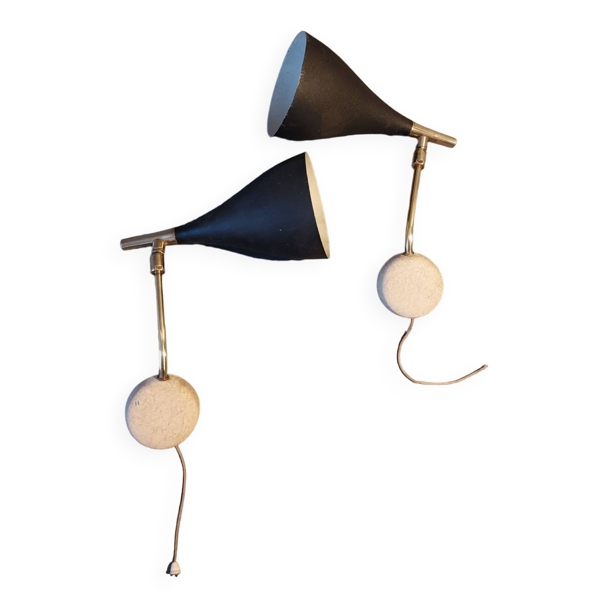 Pair of bedroom sconces in gilded brass and black aluminum 1960.