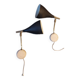 Pair of bedroom sconces in gilded brass and black aluminum 1960.