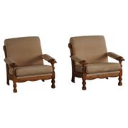 Mid-20th century, pair of armchairs by Henning Kjærnulf, oak and alcantara, 1960s.