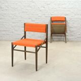 4 Wengé Wooden Dining Chairs with Orange Bouclé Fabric Upholstery 1960s