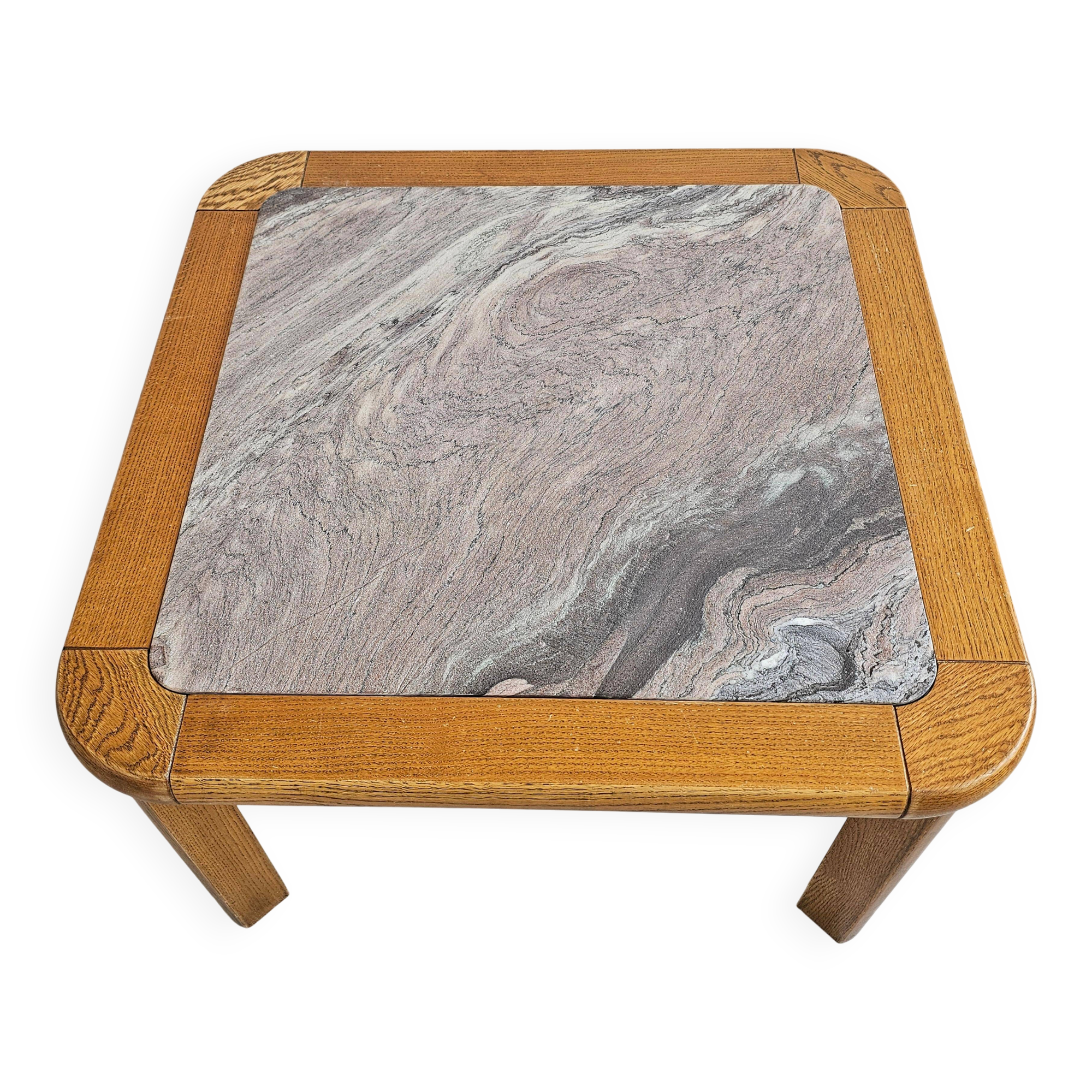 Brutalist coffee table in solid oak with a Rosso Luana marble top.