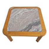 Table basse brutaliste en chêne massif avec plateau en marbre Rosso Luana