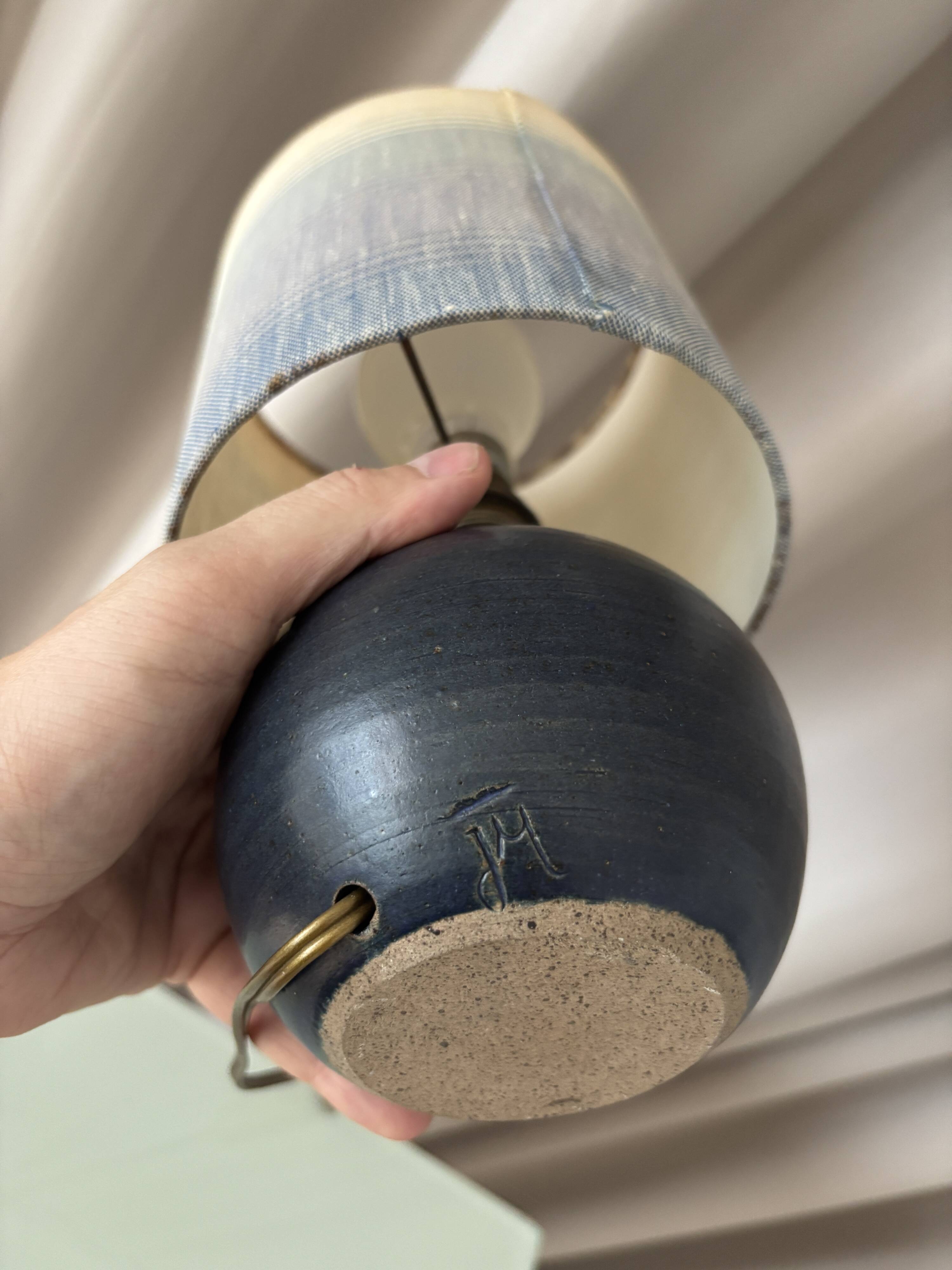 Vintage Mid-Century Studio Pottery Table Lamp – Signed JM – Blue Stoneware