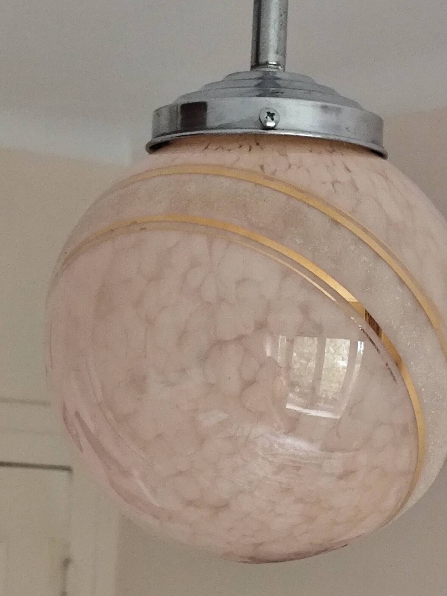suspension glass globe pink and gold on a metal aluminium stem and structure