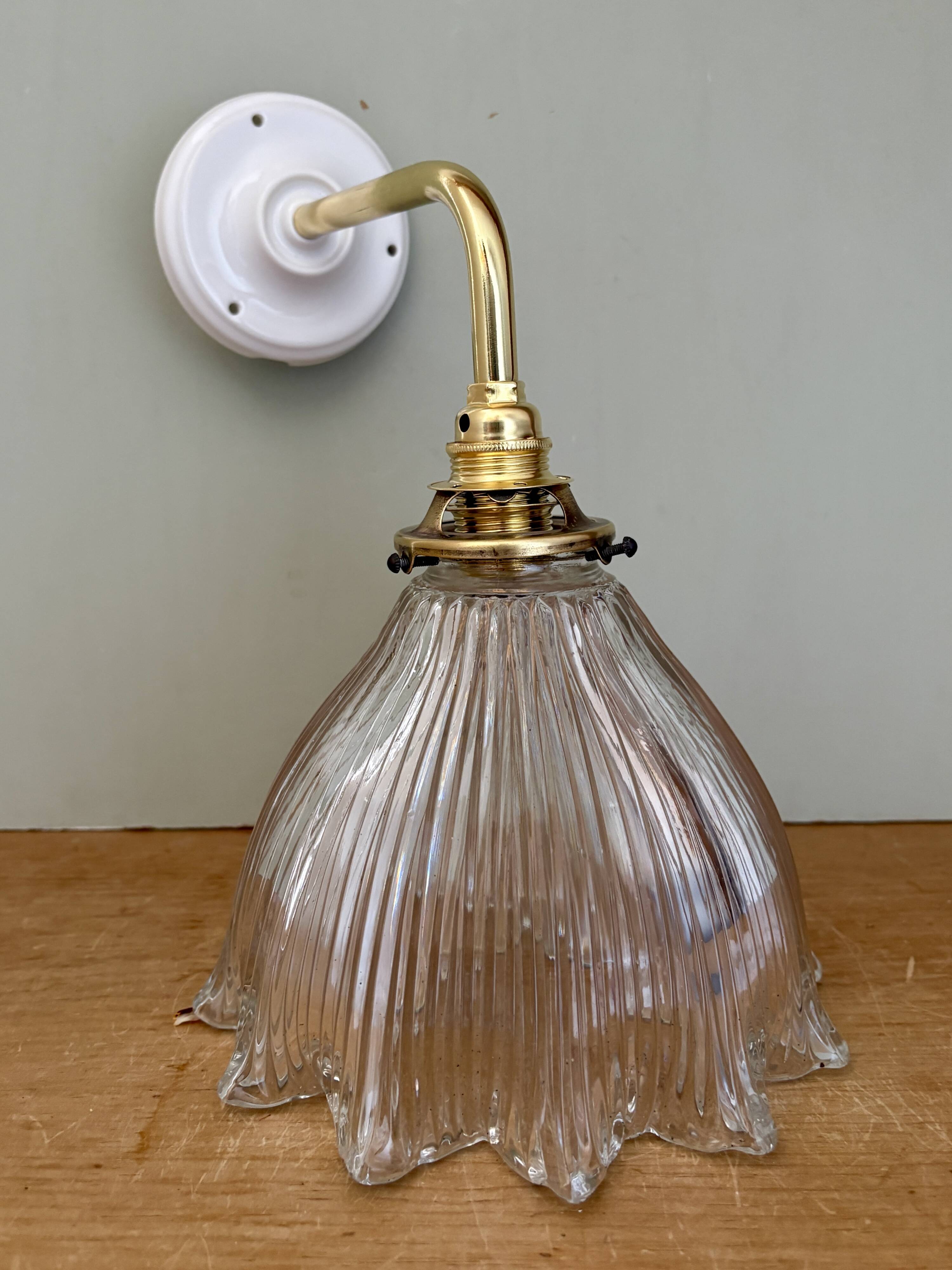 Elbow wall lamp with vintage holophane glass shade