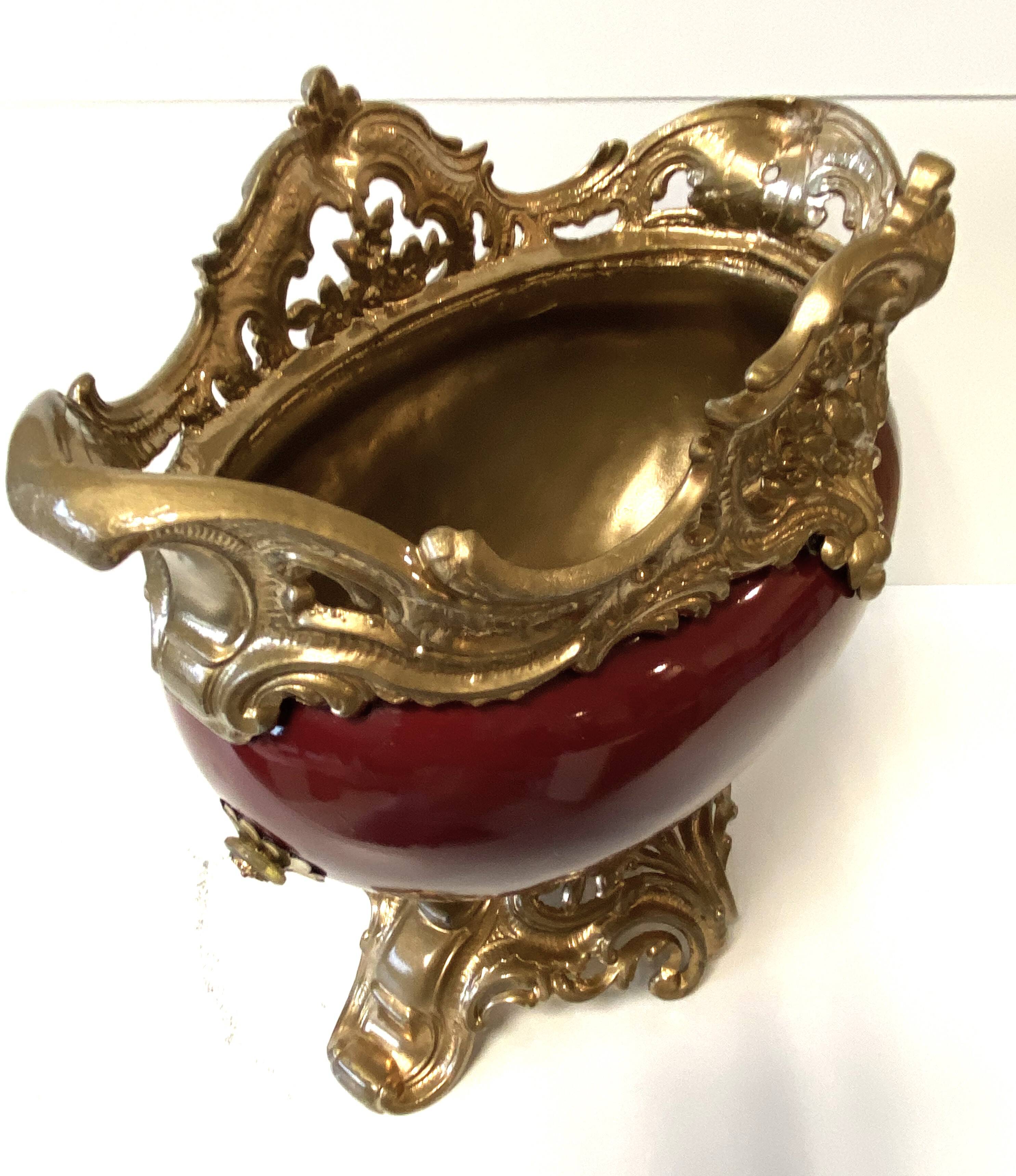Antique Napoleon III Centrepiece Jardinière in Gilded Metal and Faience