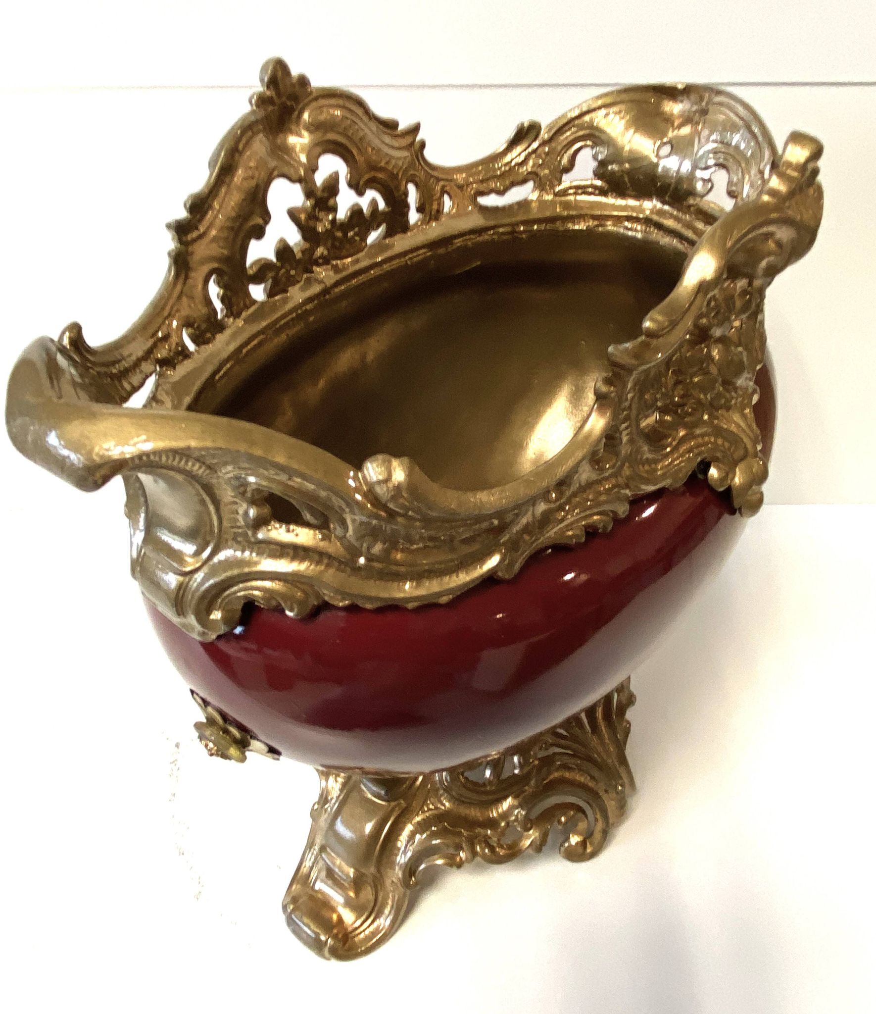 Antique Napoleon III Centrepiece Jardinière in Gilded Metal and Faience