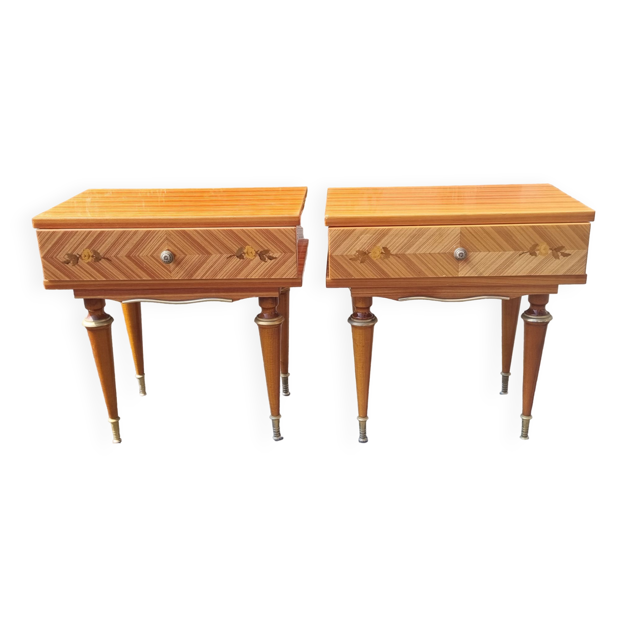Paire de tables de nuit, vintage, années 50 / 60, marqueterie