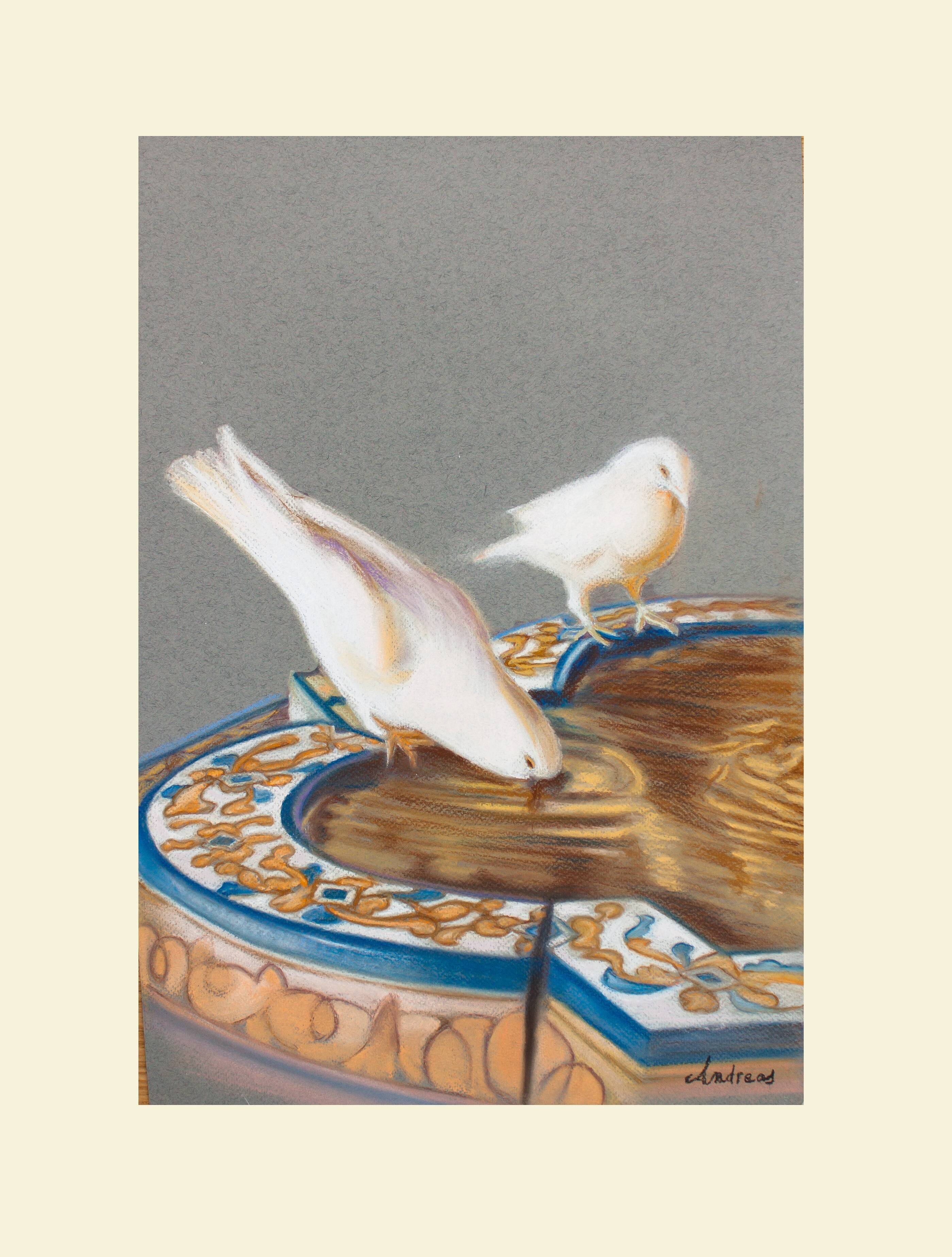 Drawing of pigeons drinking from a fountain. painting of doves. painting of pigeons.