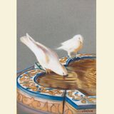 Drawing of pigeons drinking from a fountain. painting of doves. painting of pigeons.