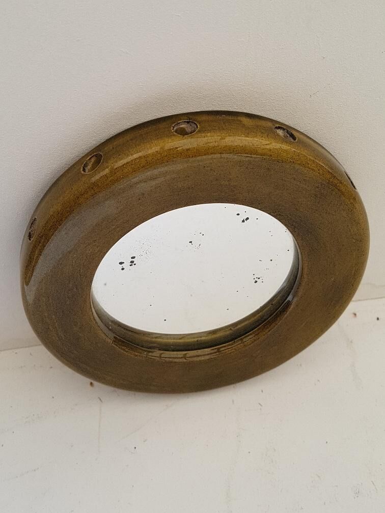Small round mirror "J.V." 50s signed ceramic 17cm