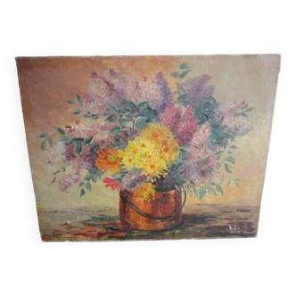 Tableau ancien huile sur toile - bouquet de fleurs