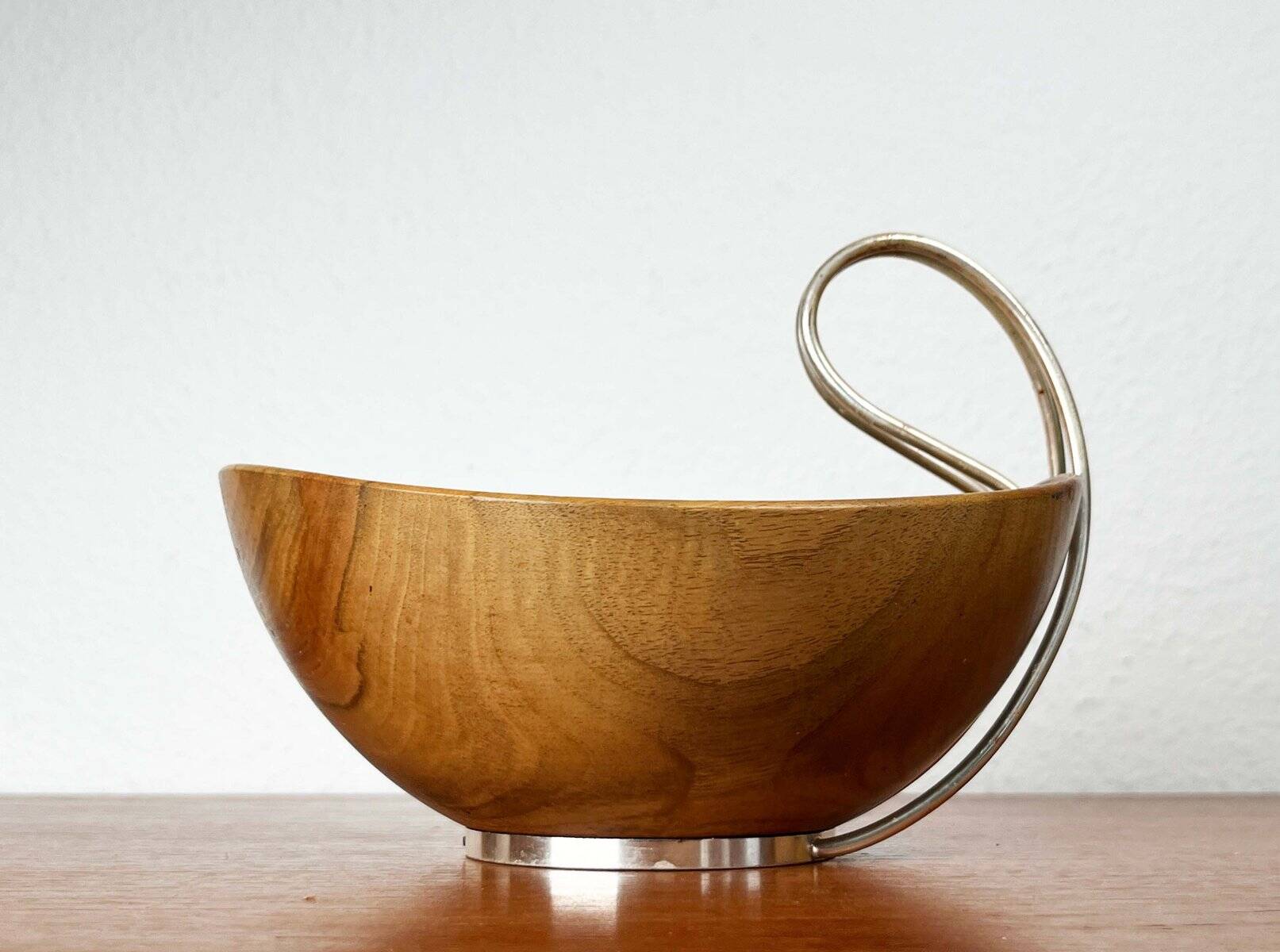 Mid-Century Modern Teak and Silver Plated Metal Bowl from Grasoli, Italy, 1960s
