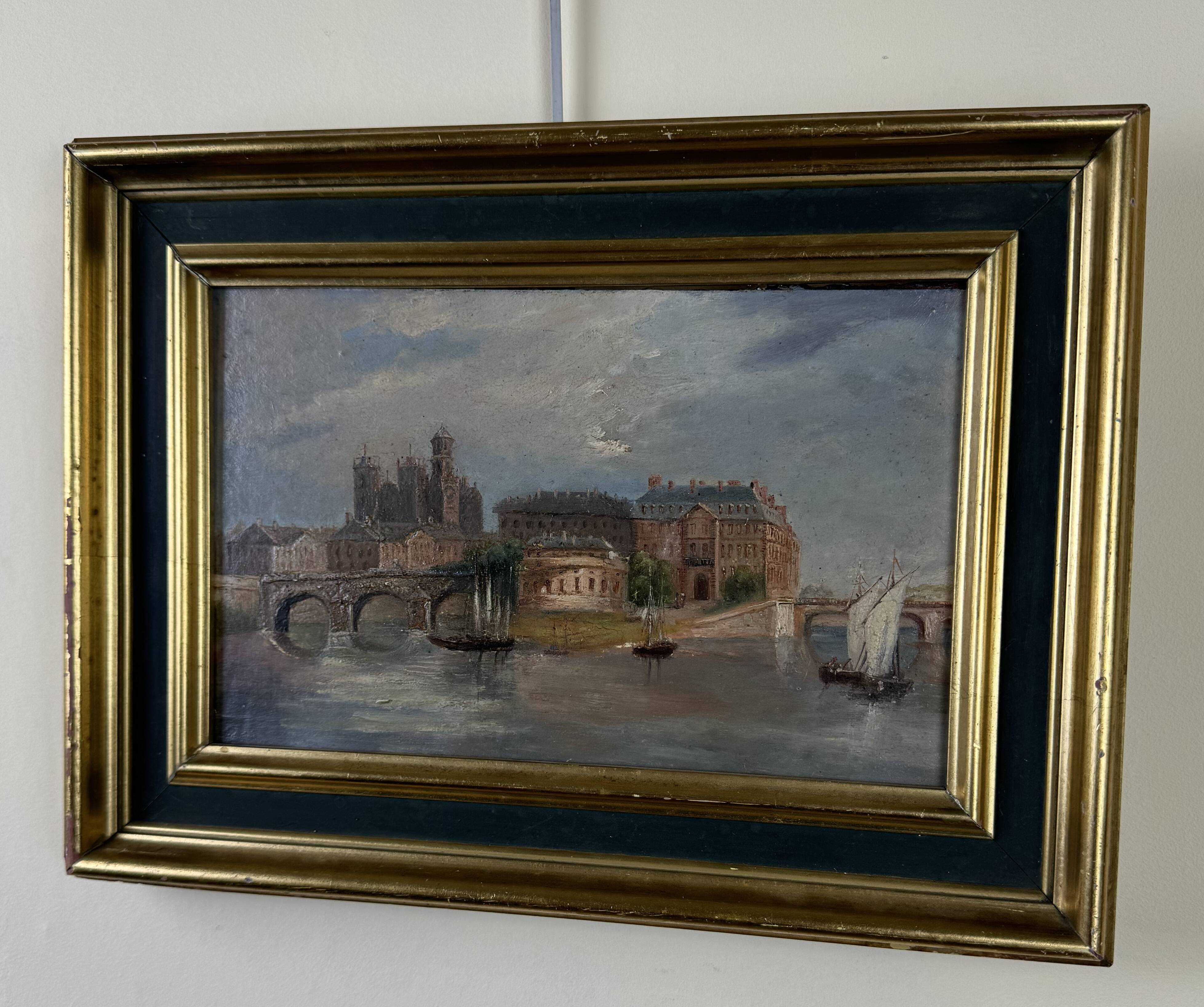 oil on panel "view of Paris from the Seine" circa 1860