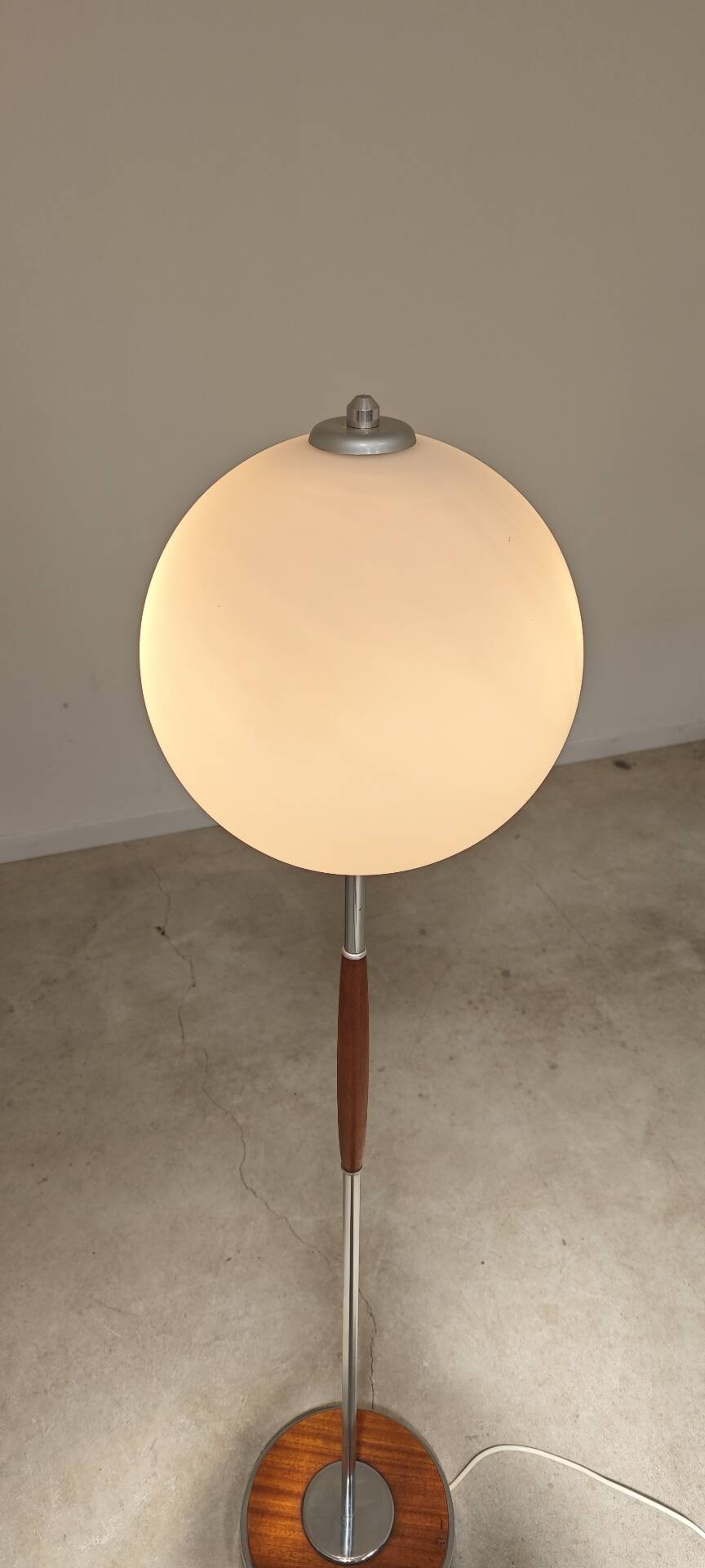 Modernist floor lamp in teak, chrome metal, opaline, Czechoslovakia 60s
