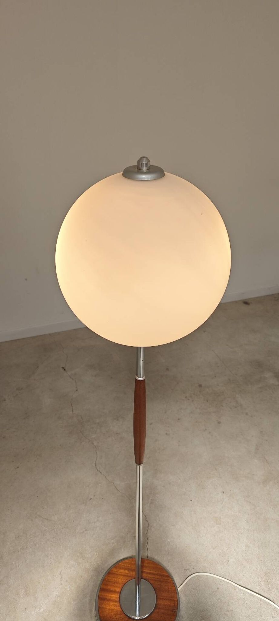 Modernist floor lamp in teak, chrome metal, opaline, Czechoslovakia 60s