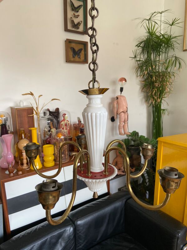 Lustre 5 branches en opaline