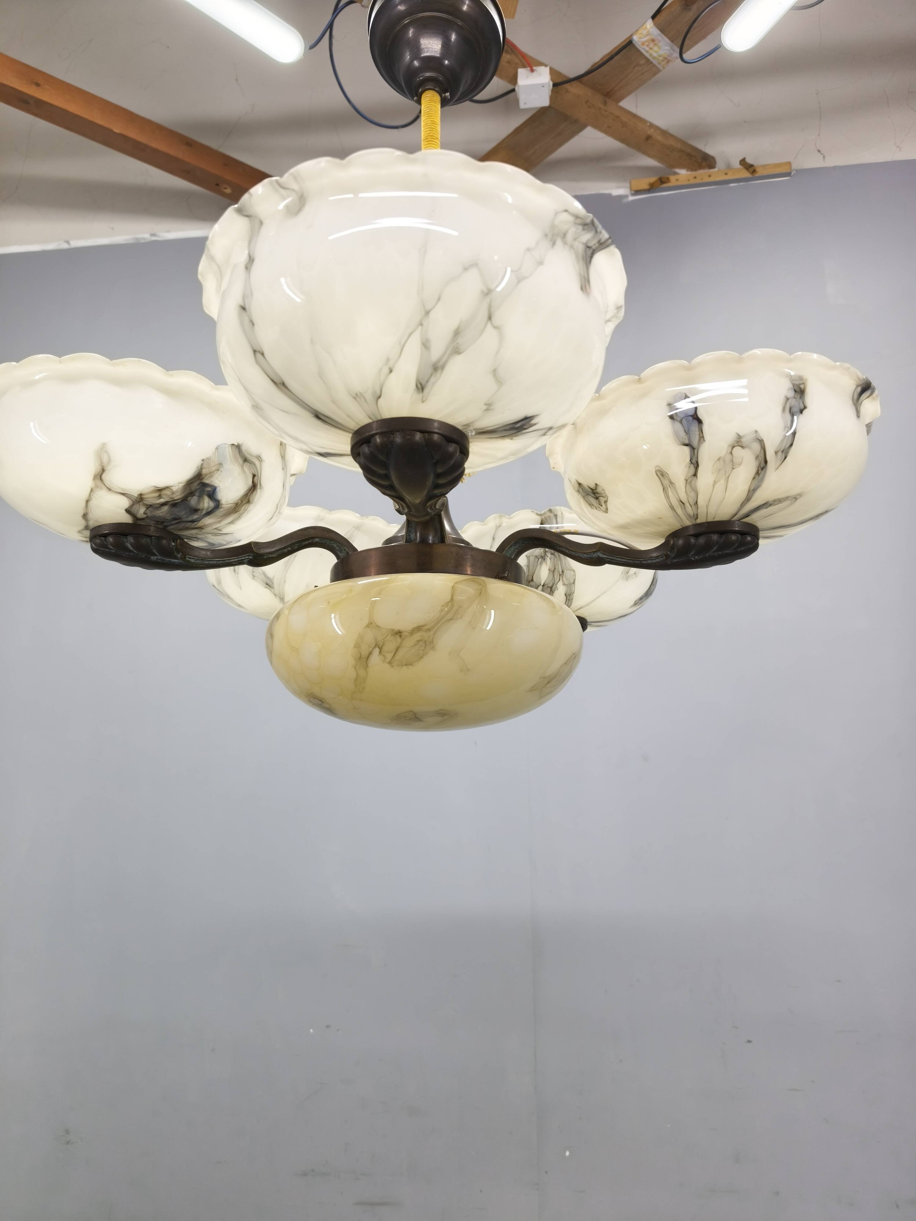 1940s Czech Art Deco Brass Opaline Glass Chandelier