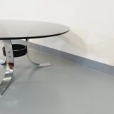 Table basse ronde vintage en verre, métal chromé et métal noir style Space Age des années 70