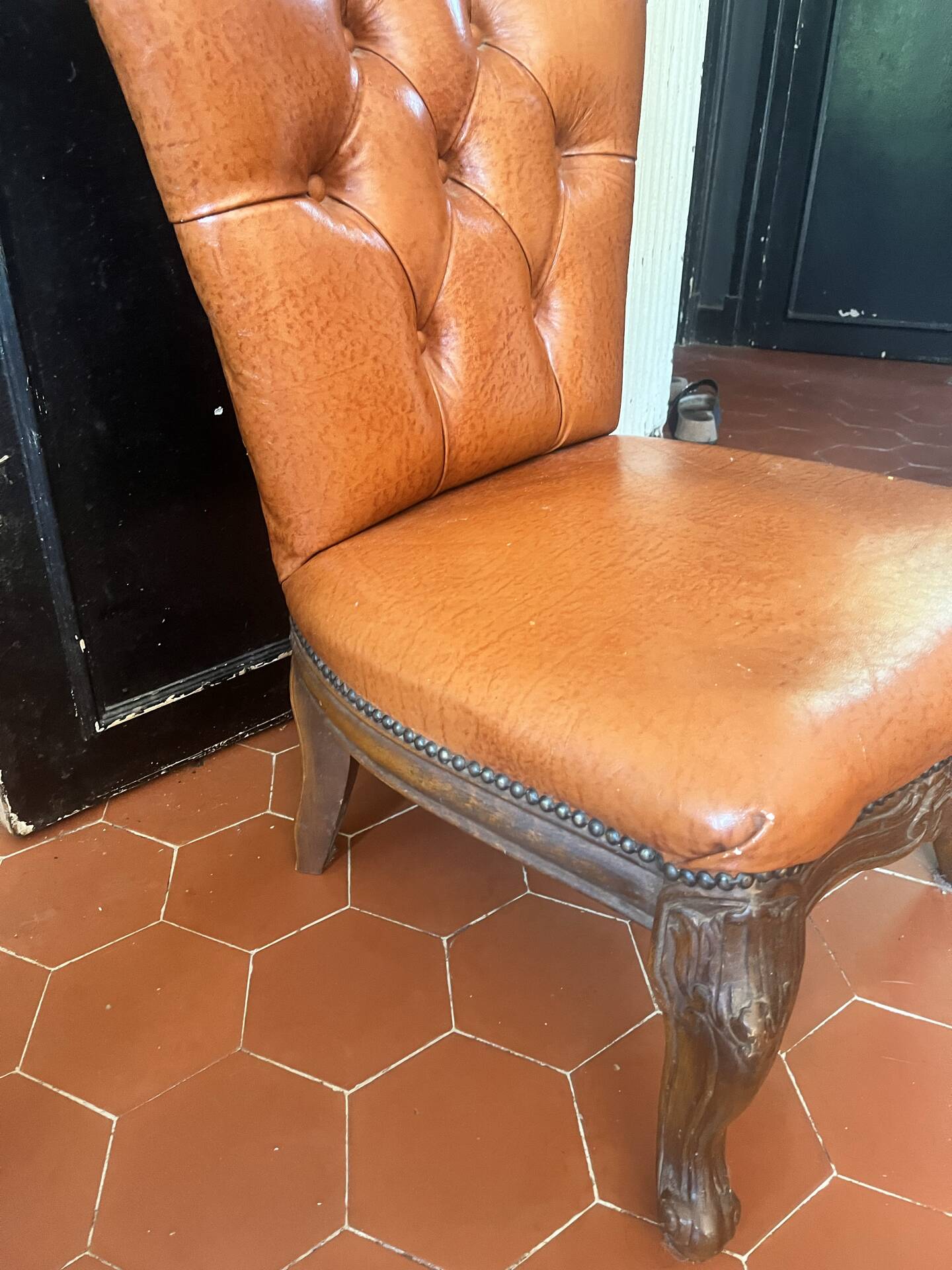 Superb Vintage Louis XV Style Armchair - Cognac Upholstered Faux Leather