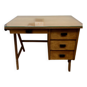 Wooden desk, glass top