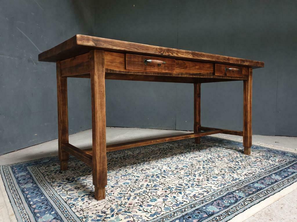 Old pine dining table with drawers