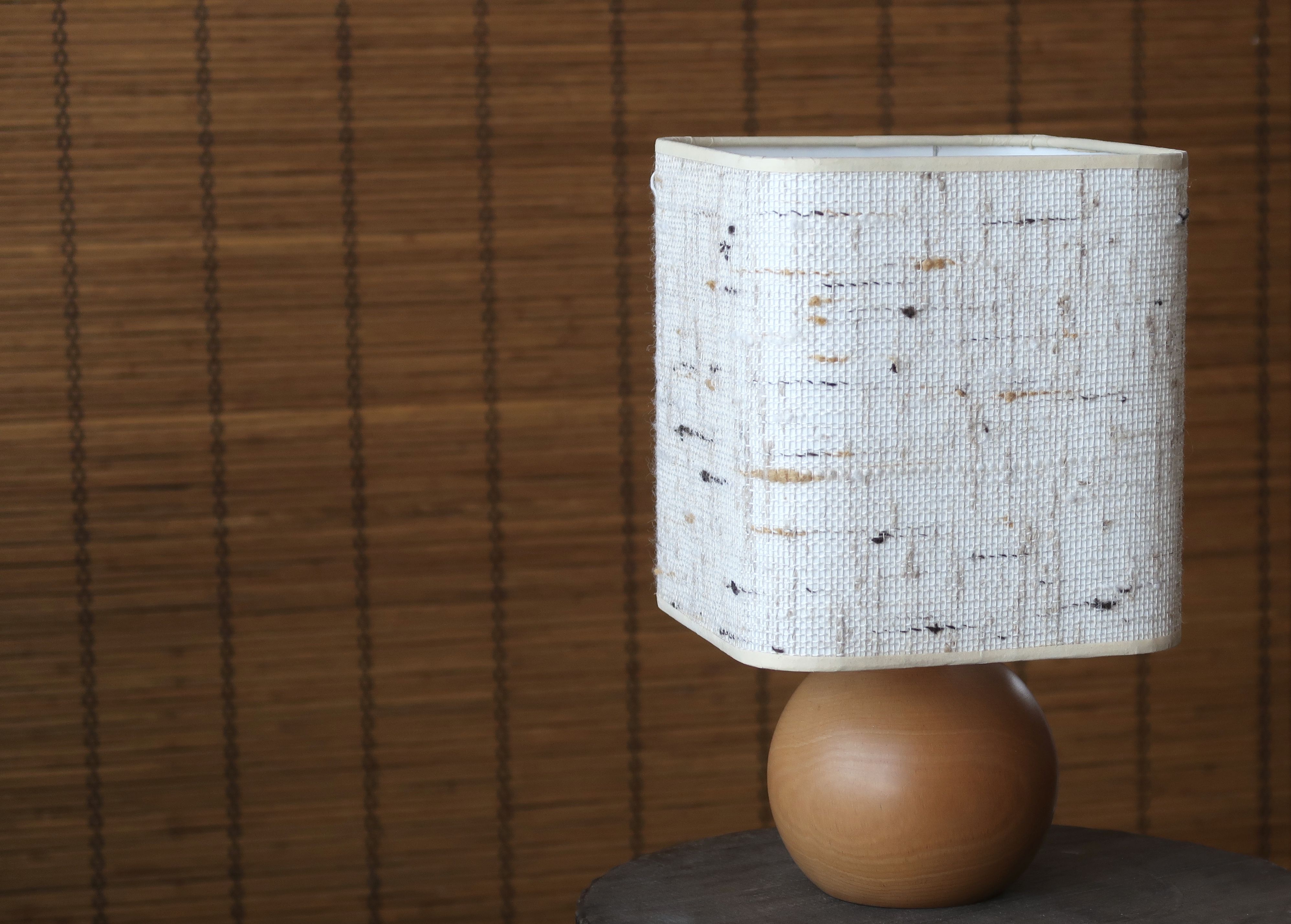 Lamp "ball" in blond wood, fabric lampshade, 70s