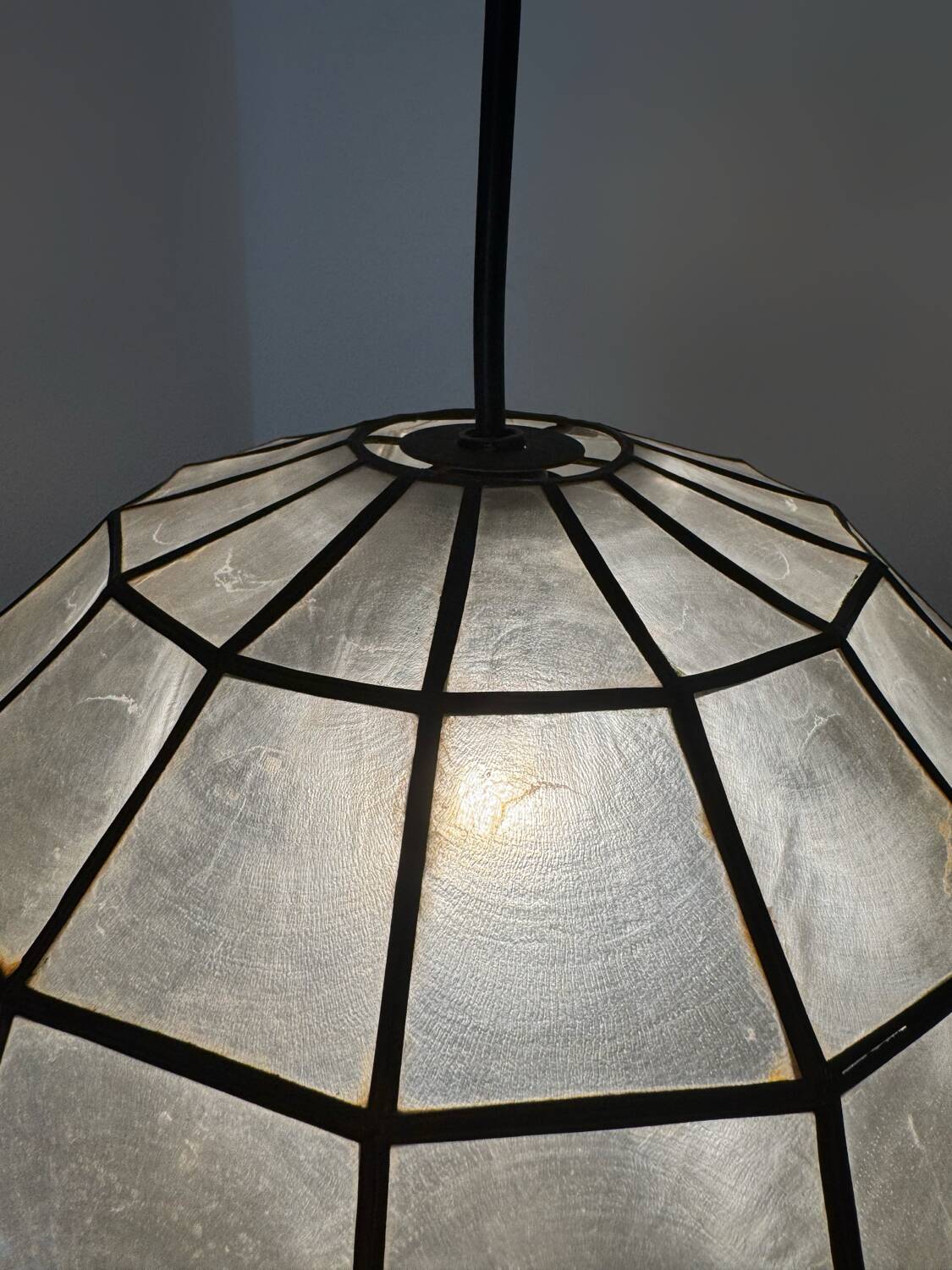 Brass and pearl spherical pendant light from the 60s
