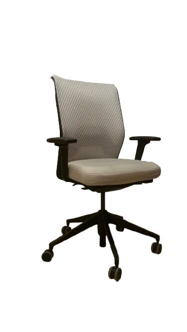 Office chair with wheels and mesh backrest.