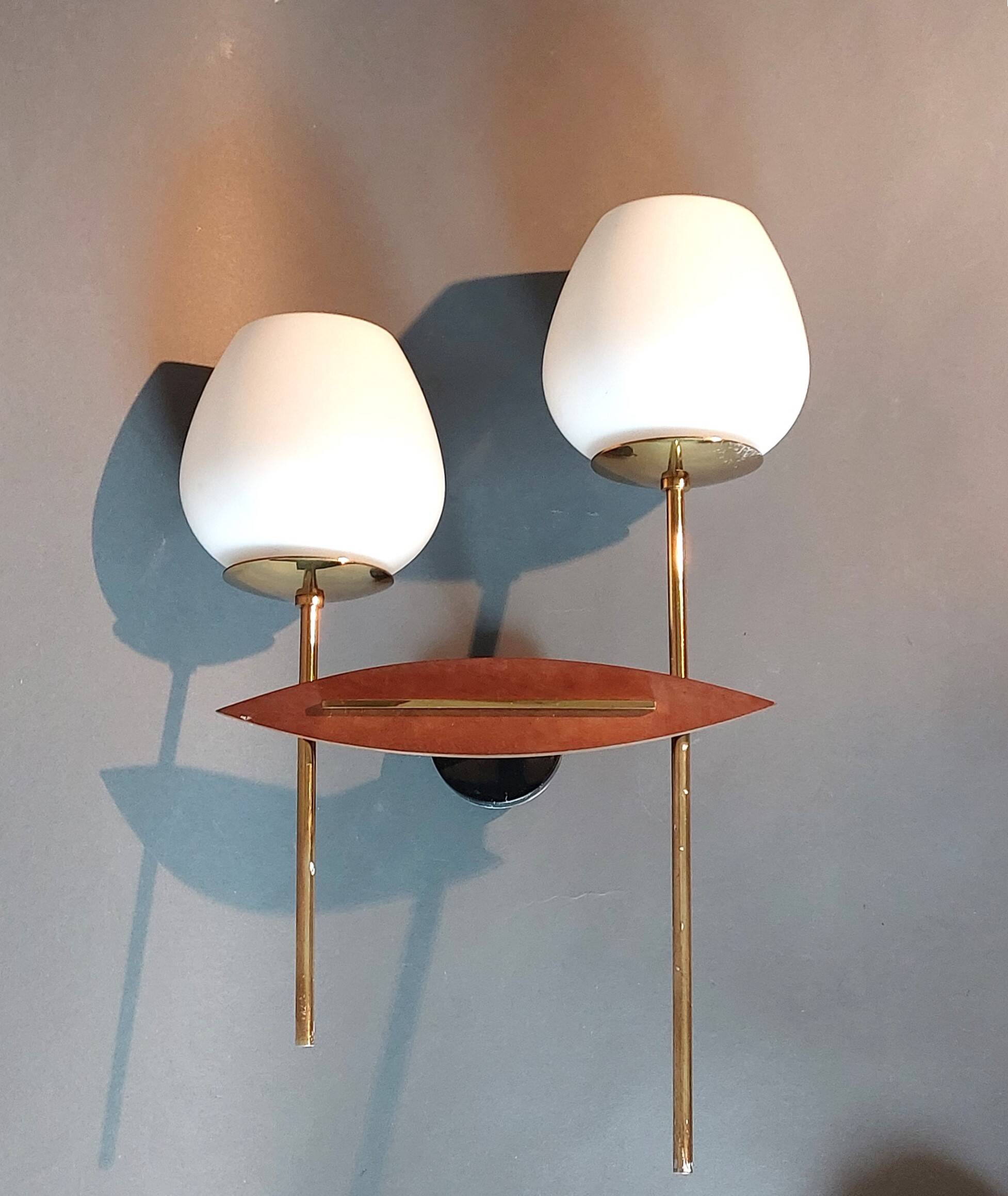 Two-light wall lamp in teak, gilded brass and white opaline Maison Lunel 1960.