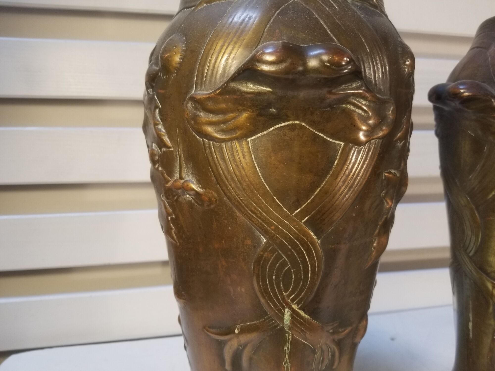Pair of Art Nouveau baluster vases in copper earthenware by Gustave de Bruyn