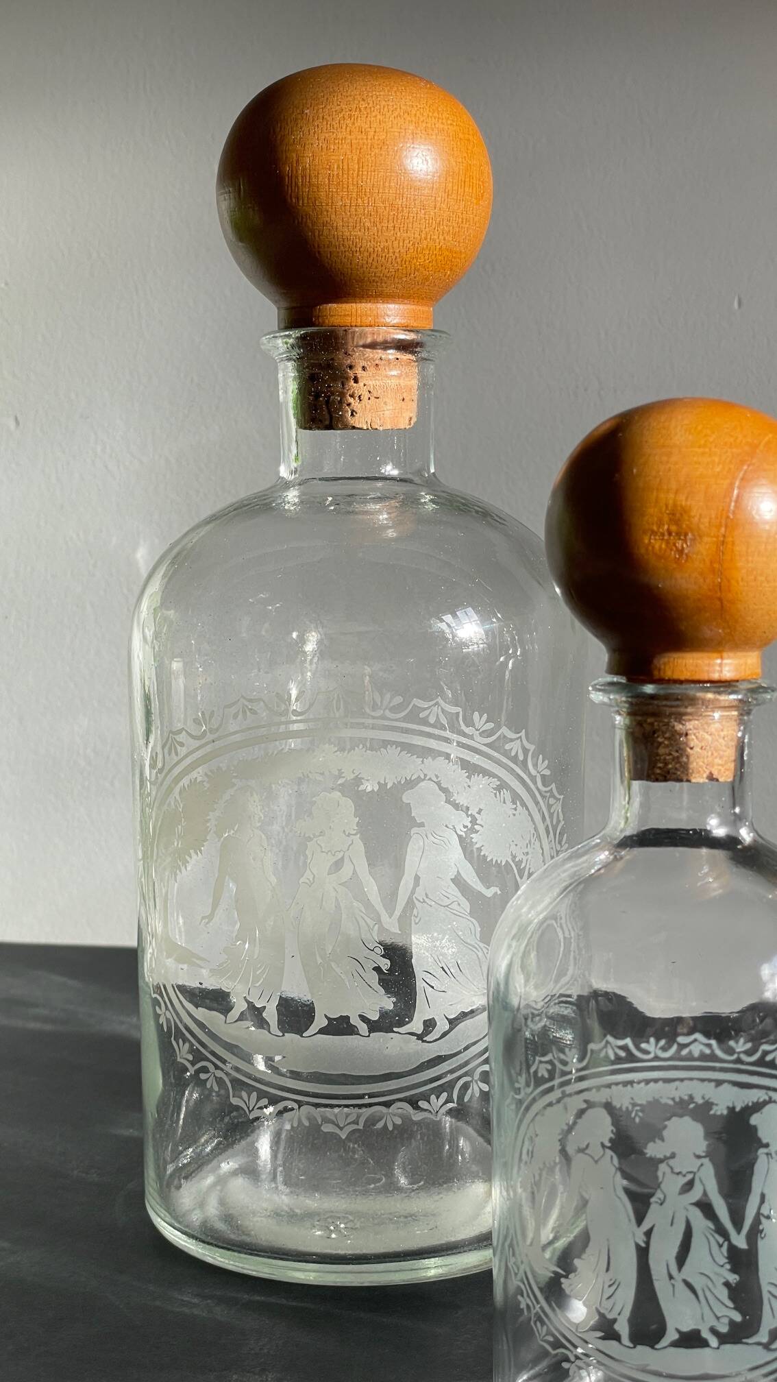 BOTTLES Engraved Glass and VINTAGE Wood
