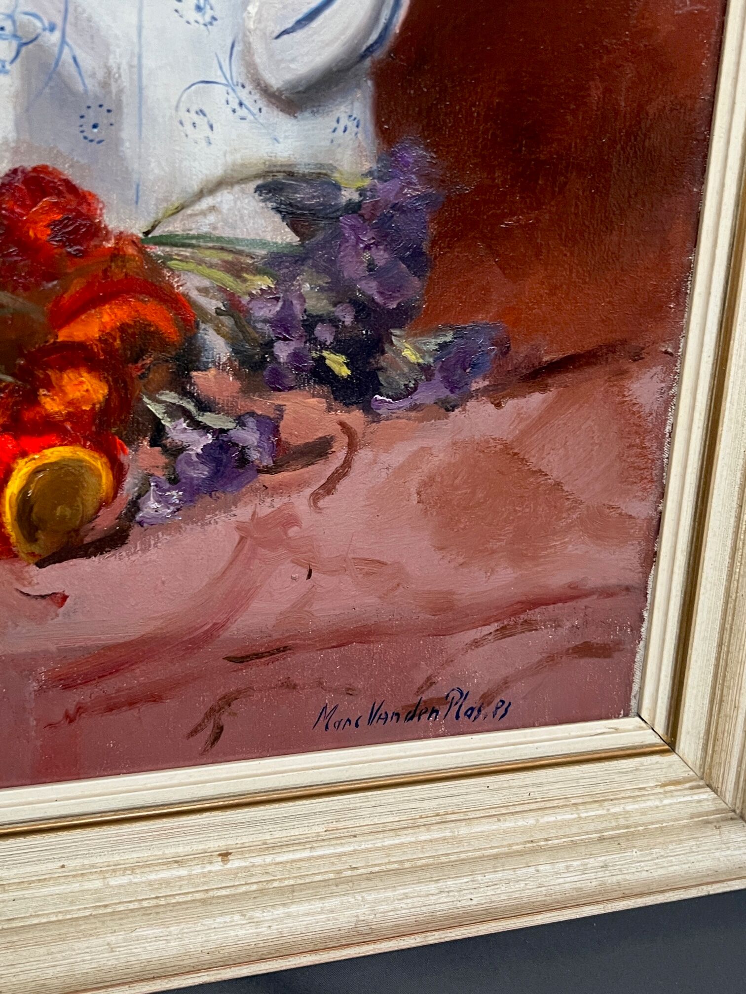 Painting, still life with flowers and fruits.