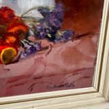 Painting, still life with flowers and fruits.