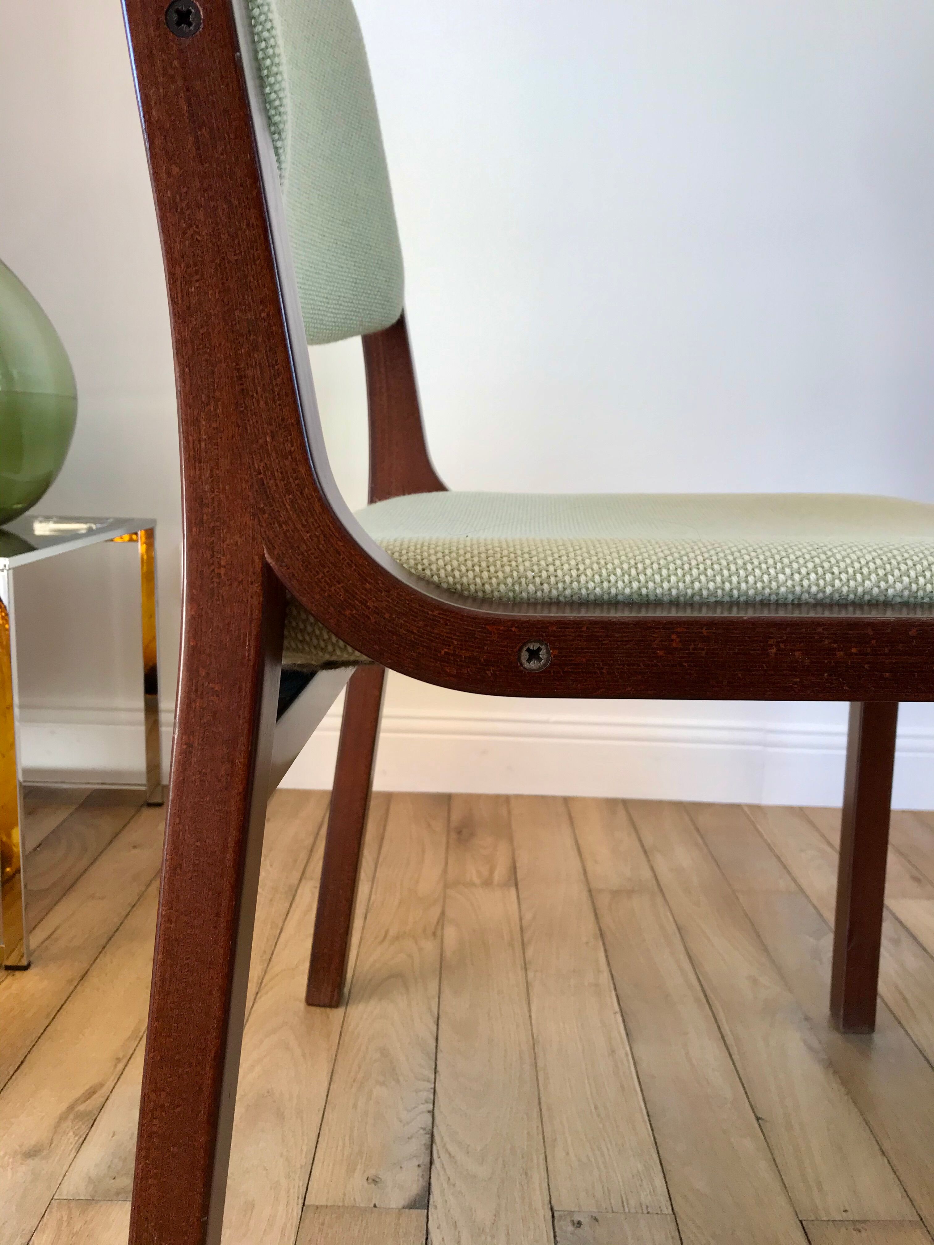 Pair of wooden armchairs and green and ecru fabrics 70s