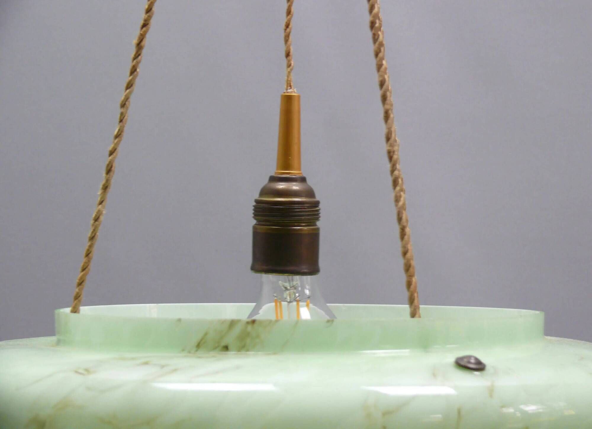 Large Art Deco pendant light in marbled glass with cord suspension, 1920s-1930s