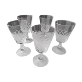 Set of 5 glass wine glasses engraved decoration braces