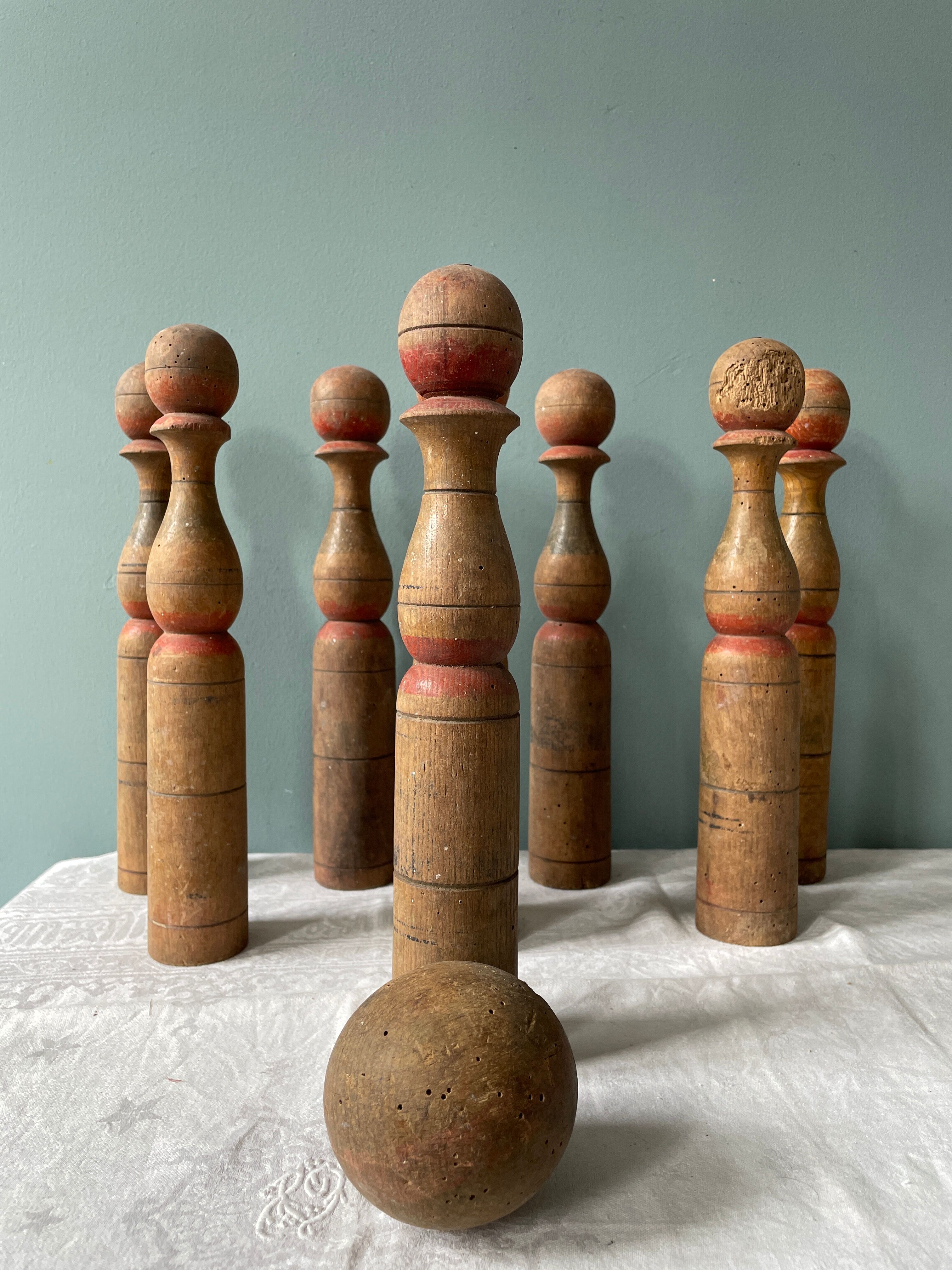 Old wooden bowling game turned late nineteenth century