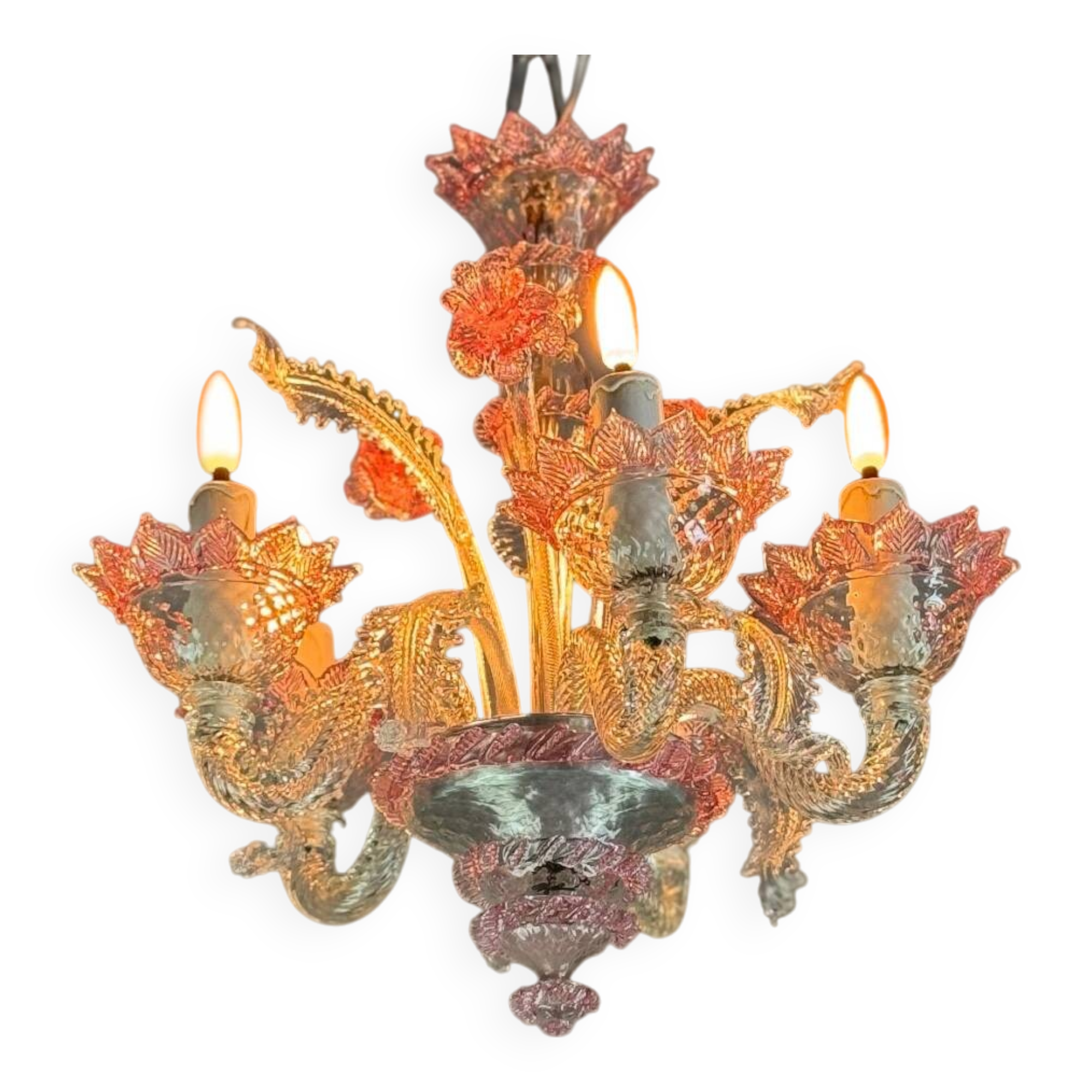 Petit lustre vénitien en verre de Murano incolore et rouge, circa 1950