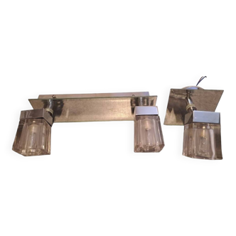 Set of wall lights one double and one single 2000 silver metal and frosted glass